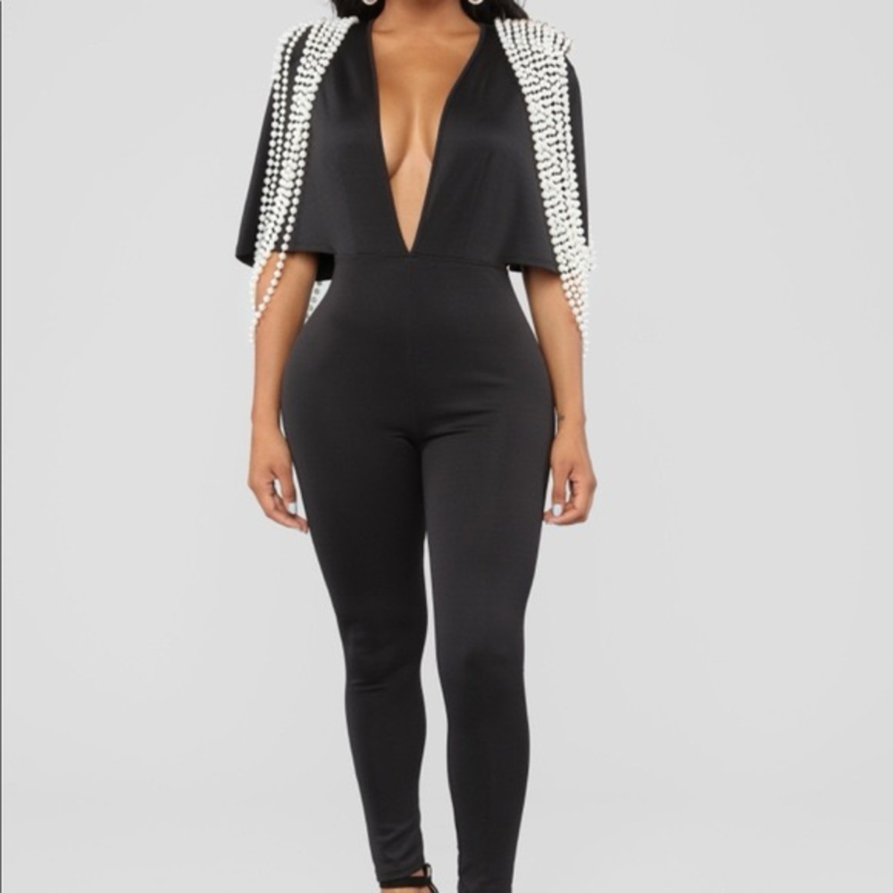 Elegant Black Jumpsuit with Pearl Detailing